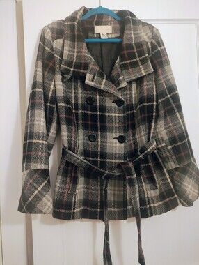 Monroe & Main Plaid Wool Blend Peacoat Jacket Womens M Belted Made USA